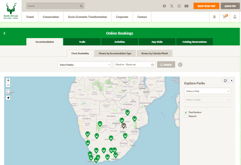 Reservar camping en Sudáfrica en la web de SANParks