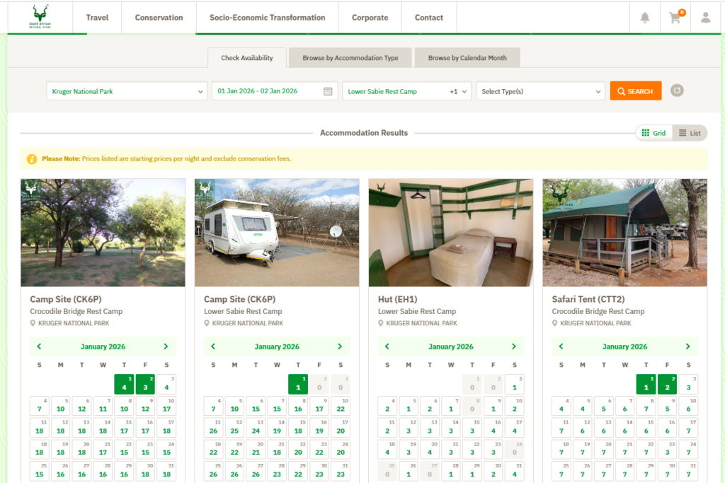 Disponibilidad de alojamientos en el Kruger en formato "parrilla" - Página web oficial SANParks