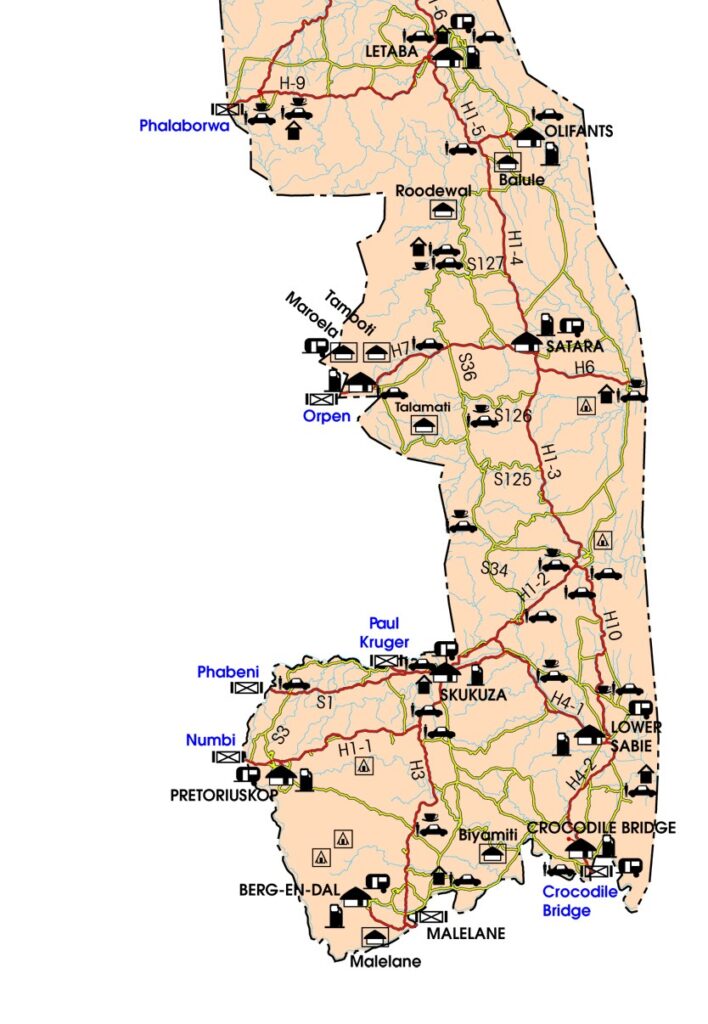 Mapa campamentos y puertas Parque Nacional Kruger Zona Sur