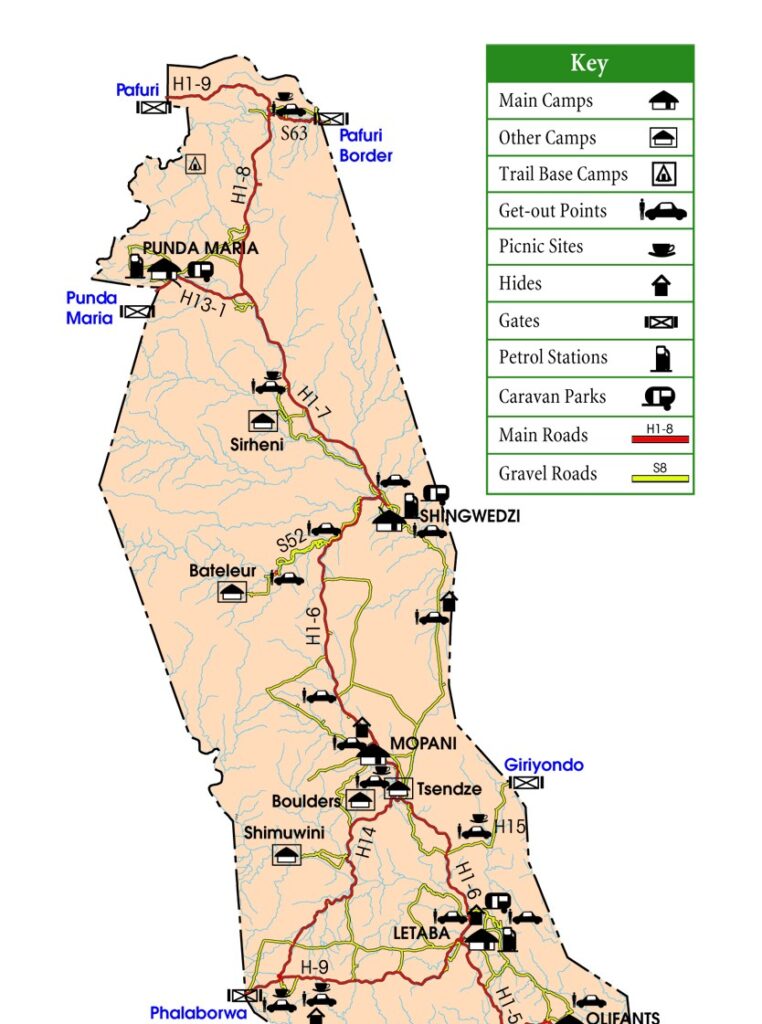 Mapa campamentos y puertas Parque Nacional Kruger Zona Norte