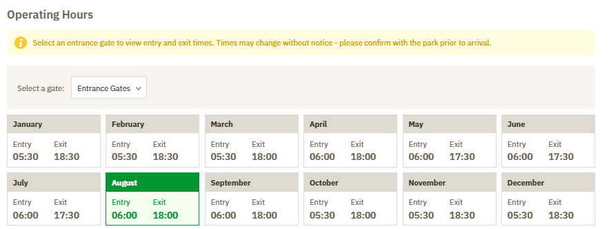 Horarios de acceso a las puertas de entrada del Parque Nacional Kruger