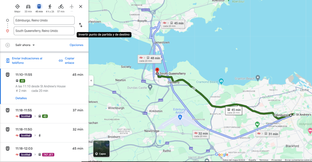 Usando Google Maps para calcular la mejor ruta en transporte público en Escocia