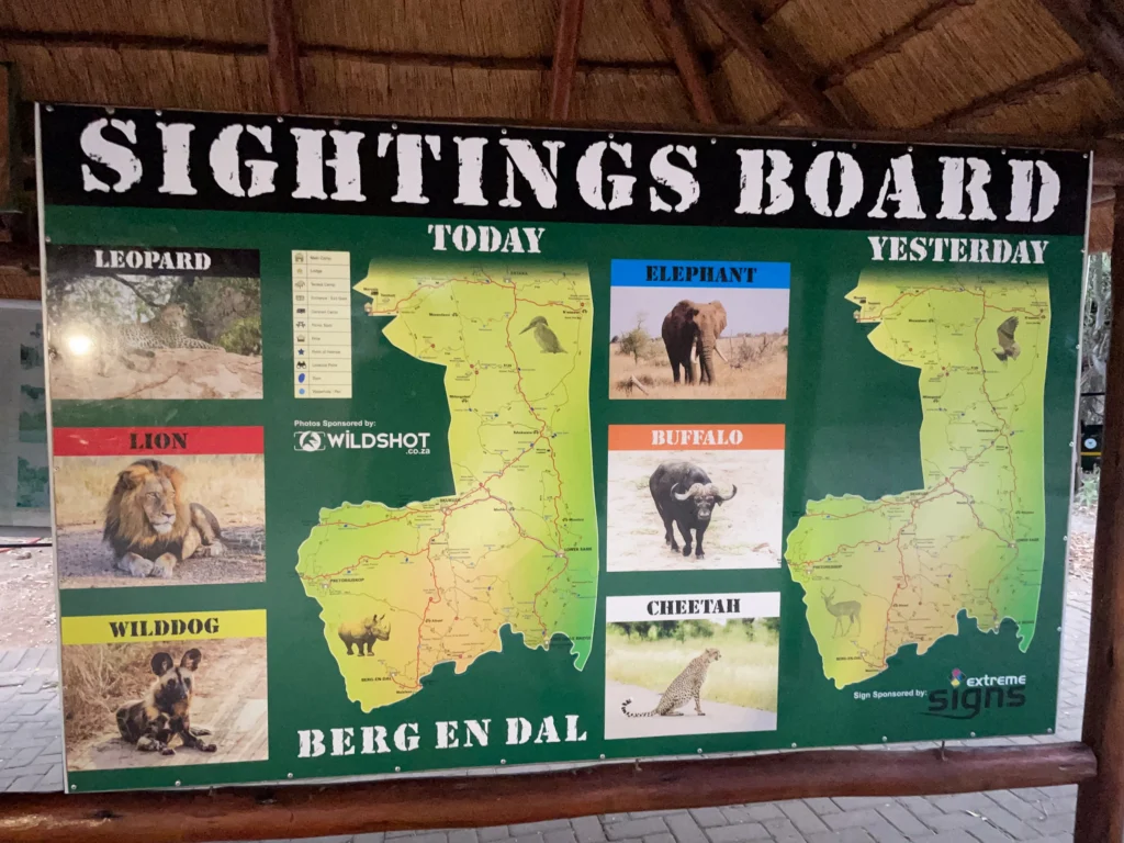 Sightings Board en uno de los restaurantes del Kruger