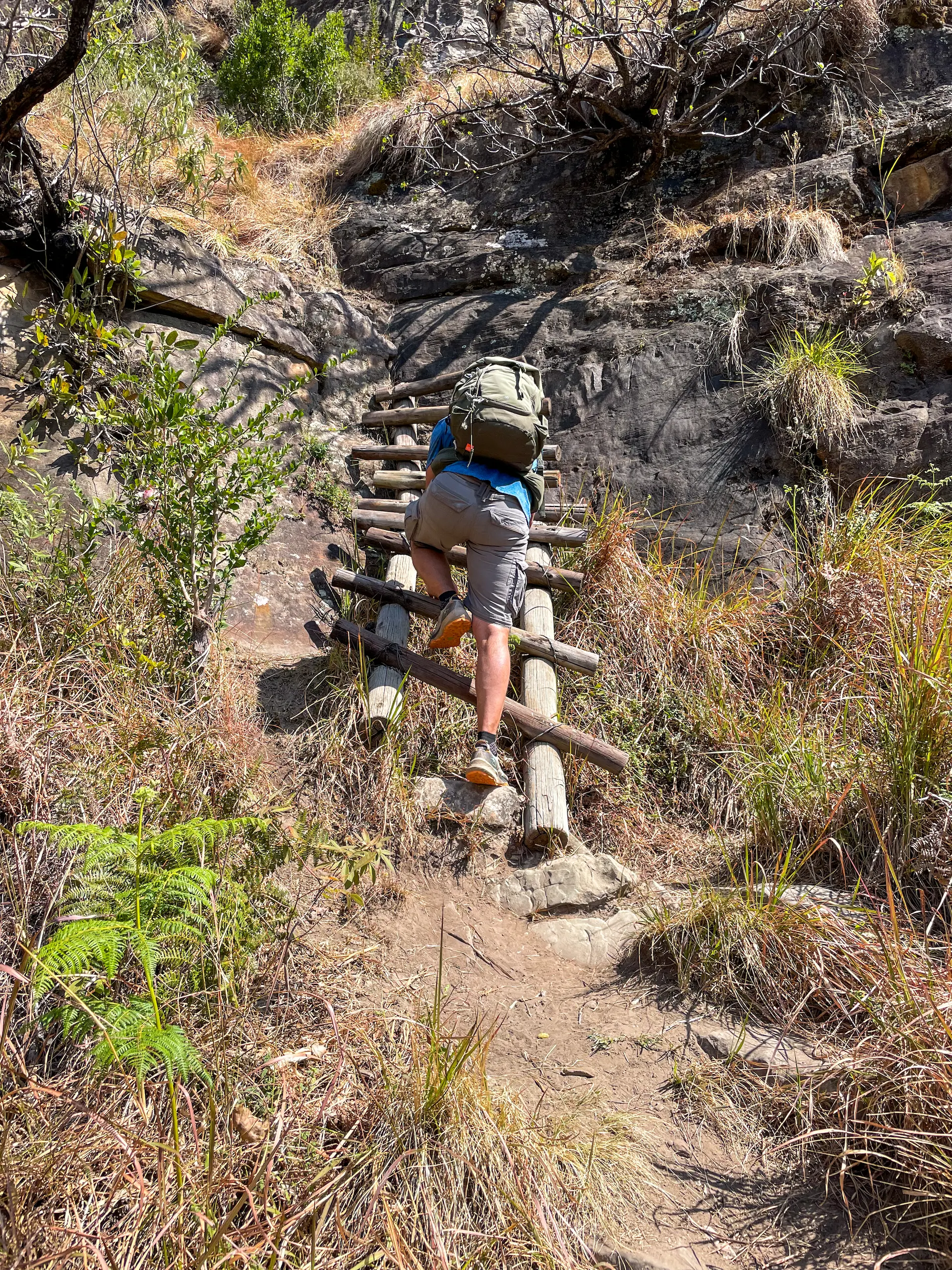 Subiendo escaleras en Cathedral's Peak en las Drakensberg